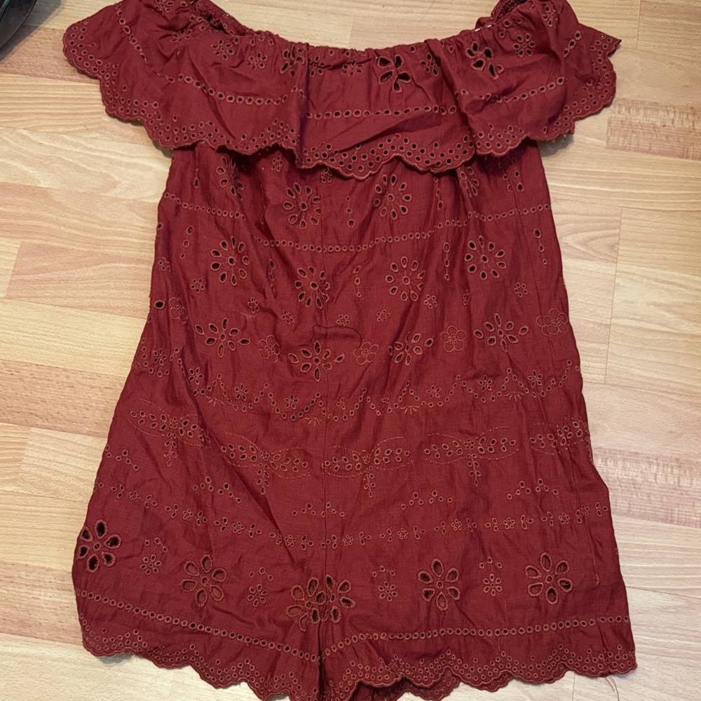 Zara Off-Shoulder Eyelet Romper in Rust